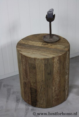 robuuste ronde houten bijzettafel op wielen stoer puur landelijke salontafel no 132 1
