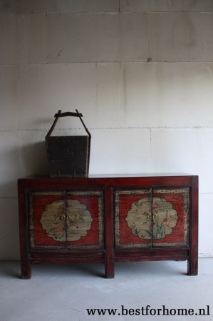 Authentiek Chinees Beschilderd Dressoir Uniek Donkerrood Bohemian Kast NO 520 2
