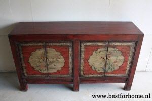 Authentiek Chinees Beschilderd Dressoir Uniek Donkerrood Bohemian Kast NO 520 3
