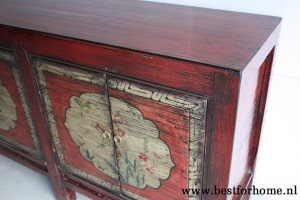 Authentiek Chinees Beschilderd Dressoir Uniek Donkerrood Bohemian Kast NO 520 4