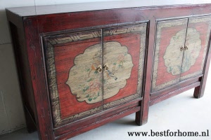 Authentiek Chinees Beschilderd Dressoir Uniek Donkerrood Bohemian Kast NO 520 5