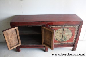 Authentiek Chinees Beschilderd Dressoir Uniek Donkerrood Bohemian Kast NO 520 6