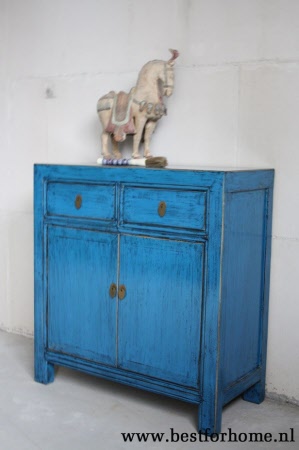 Oosters Houten Kastje Uniek Chinees Blauw Gekleurd Dressoir NO 506 2