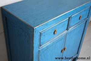 Oosters Houten Kastje Uniek Chinees Blauw Gekleurd Dressoir NO 506 4