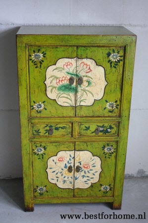 Unieke Kleurrijke Kast China Origineel Groen Oosters Kastje NO 278 3