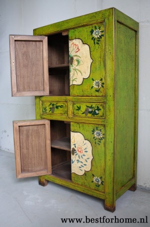 Unieke Kleurrijke Kast China Origineel Groen Oosters Kastje NO 278 6