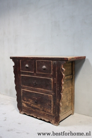 authentiek landelijk donkerrood houten kastje china sobere stoere ladenkast oud hout no 361 11